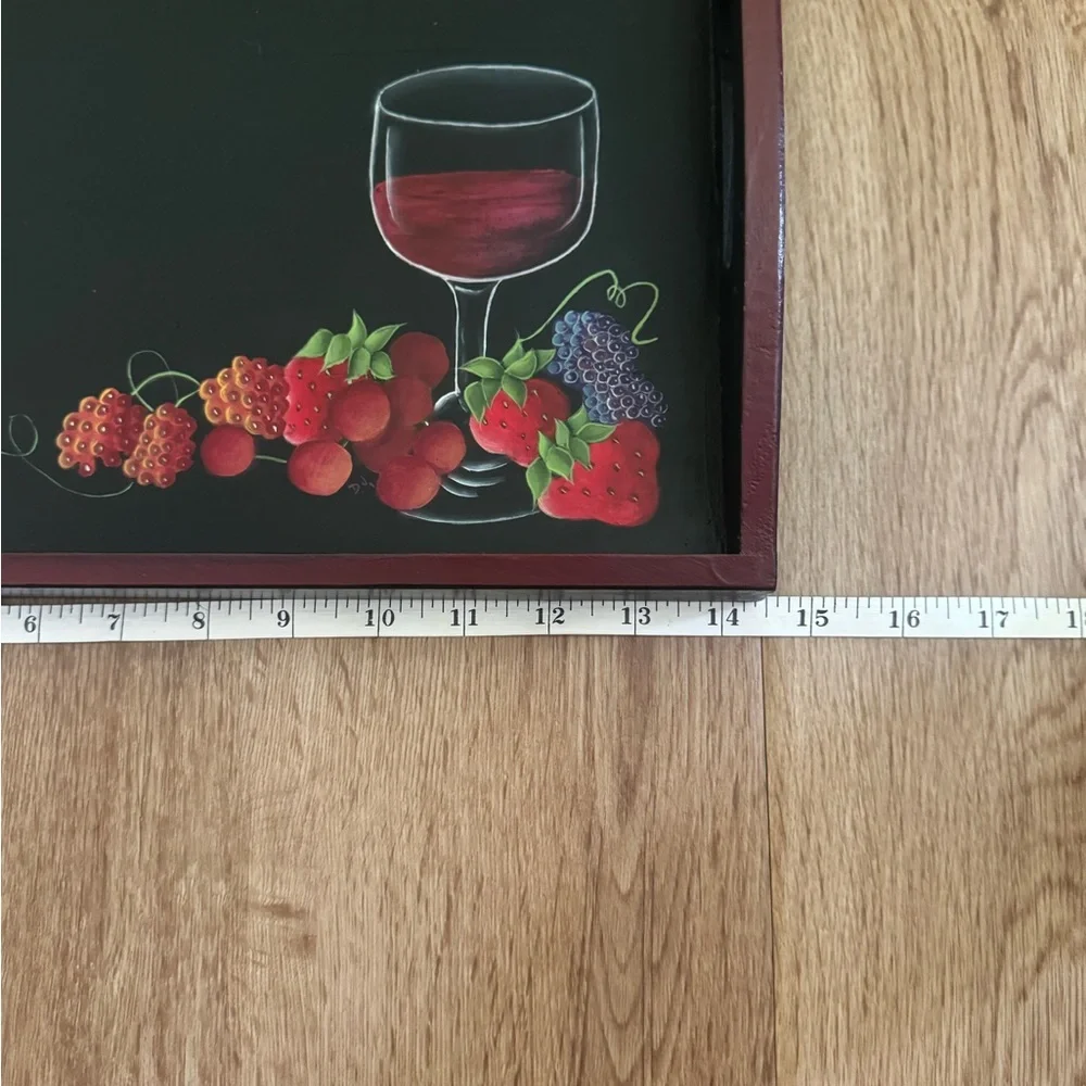 Vintage Hand Painted Chalkboard Serving Tray Wine Glass & Fruit Design